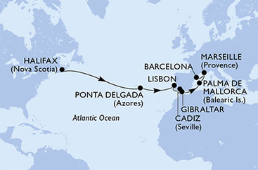Kanada, Portugalsko, Španělsko, Velká Británie, Francie z Halifaxu na lodi MSC Meraviglia