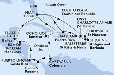USA, Jamajka, Kolumbie, Panama, Kostarika, Honduras, Belize, Svatý Kryštof a Nevis, Svatý Martin, Antigua a Barbuda, Dominikánská republika z Miami na lodi MSC Poesia