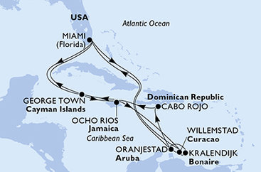 USA, Curacao, Aruba, Dominikánská republika, Jamajka, Kajmanské ostrovy, Bonaire z Miami na lodi MSC Poesia