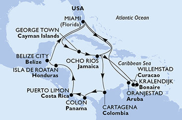 USA, Kajmanské ostrovy, Jamajka, Curacao, Bonaire, Aruba, Kolumbie, Panama, Kostarika, Honduras, Belize z Miami na lodi MSC Poesia