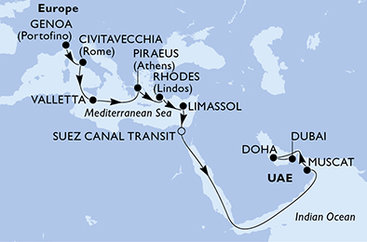 Itálie, Malta, Řecko, Kypr, Egypt, Omán, Katar, Spojené arabské emiráty z Janova na lodi MSC World Europa
