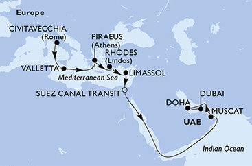 Itálie, Malta, Řecko, Kypr, Egypt, Omán, Katar, Spojené arabské emiráty z Civitavecchia na lodi MSC World Europa
