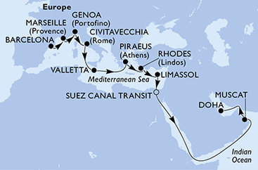 Španělsko, Francie, Itálie, Malta, Řecko, Kypr, Egypt, Omán, Katar z Barcelony na lodi MSC World Europa