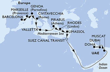 Španělsko, Francie, Itálie, Malta, Řecko, Kypr, Egypt, Omán, Katar, Spojené arabské emiráty z Barcelony na lodi MSC World Europa