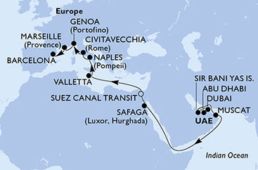 Spojené arabské emiráty, Omán, Egypt, Malta, Itálie, Francie, Španělsko z Dubaje na lodi MSC World Europa