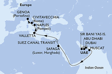 Spojené arabské emiráty, Omán, Egypt, Malta, Itálie z Dubaje na lodi MSC World Europa