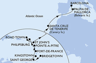 Barbados, Grenada, Svatý Vincenc a Grenadiny, Martinik, Guadeloupe, Svatý Martin, Britské Panenské ostrovy, Antigua a Barbuda, Španělsko z Bridgetownu na lodi MSC Seaview