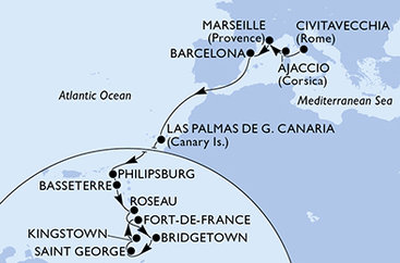 Itálie, Francie, Španělsko, Svatý Martin, Svatý Kryštof a Nevis, Dominika, Barbados, Grenada, Svatý Vincenc a Grenadiny, Martinik z Civitavecchia na lodi MSC Seaview