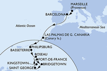 Francie, Španělsko, Svatý Martin, Svatý Kryštof a Nevis, Dominika, Barbados, Grenada, Svatý Vincenc a Grenadiny, Martinik z Marseille na lodi MSC Seaview