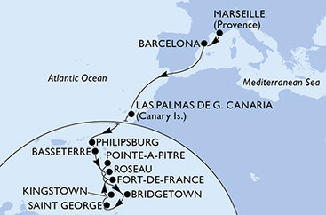 Francie, Španělsko, Svatý Martin, Svatý Kryštof a Nevis, Dominika, Barbados, Grenada, Svatý Vincenc a Grenadiny, Martinik, Guadeloupe z Marseille na lodi MSC Seaview