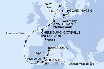 Německo, Dánsko, Nizozemsko, Francie, Španělsko z Kielu na lodi MSC Euribia