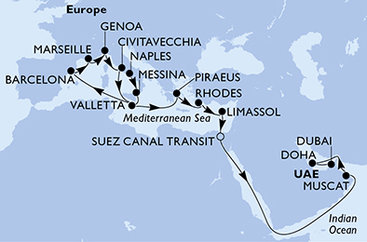 Itálie, Malta, Španělsko, Francie, Řecko, Kypr, Egypt, Omán, Katar, Spojené arabské emiráty z Neapole na lodi MSC World Europa