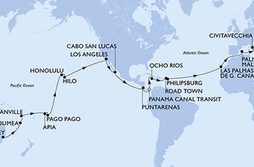 Austrálie, Nová Kaledonie, Vanuatská republika, Samoa, Americká Samoa, USA, Mexiko, Kostarika, Panama, Jamajka, Britské Panenské ostrovy, Svatý Martin, Španělsko, Itálie ze Sydney na lodi MSC Magnifica