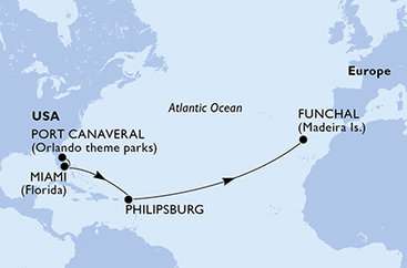 USA, Svatý Martin, Portugalsko z Port Canaveralu na lodi MSC Grandiosa