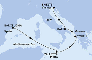 Španělsko, Malta, Řecko, Itálie z Barcelony na lodi MSC Fantasia