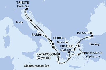 Řecko, Itálie z Korfu na lodi MSC Fantasia