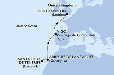 Tenerife, Španělsko, Velká Británie z Tenerife na lodi MSC Virtuosa