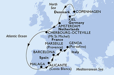 Německo, Dánsko, Nizozemsko, Francie, Španělsko, Itálie z Kielu na lodi MSC Euribia
