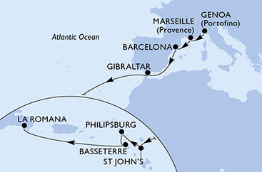 Itálie, Francie, Španělsko, Velká Británie, Antigua a Barbuda, Svatý Martin, Svatý Kryštof a Nevis, Dominikánská republika z Janova na lodi MSC Opera