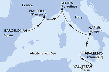Španělsko, Francie, Itálie, Malta z Barcelony na lodi MSC Seaview