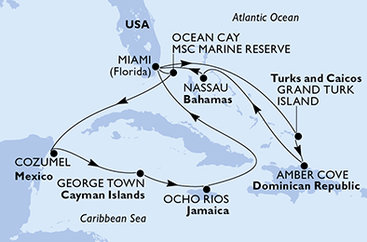 USA, Bahamy, Mexiko, Kajmanské ostrovy, Jamajka, Zámořské území Velké Británie,  z Miami na lodi MSC Divina