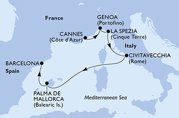 Francie, Itálie, Mallorca, Španělsko z Cannes na lodi MSC Seaview
