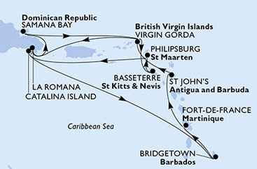 Dominikánská republika, Zámořské území Velké Británie, Svatý Kryštof a Nevis, Svatý Martin, Barbados, Martinik, Antigua a Barbuda z La Romany na lodi MSC Opera