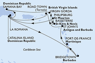 Dominikánská republika, Barbados, Martinik, Antigua a Barbuda, Britské Panenské ostrovy, Zámořské území Velké Británie, Svatý Kryštof a Nevis, Svatý Martin z La Romany na lodi MSC Opera