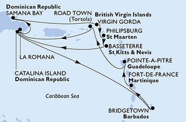 Dominikánská republika, Barbados, Martinik, Guadeloupe, Britské Panenské ostrovy, Zámořské území Velké Británie, Svatý Martin, Svatý Kryštof a Nevis z La Romany na lodi MSC Opera