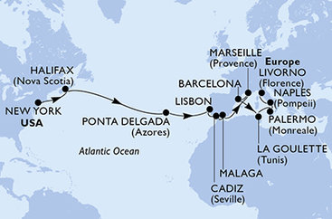 USA, Kanada, Portugalsko, Španělsko, Francie, Tunisko, Itálie z New Yorku na lodi MSC Meraviglia