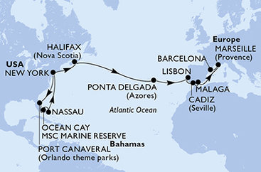 USA, Bahamy, Kanada, Portugalsko, Španělsko, Francie z New Yorku na lodi MSC Meraviglia