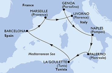 Itálie, Tunisko, Španělsko, Francie z Janova na lodi MSC Splendida