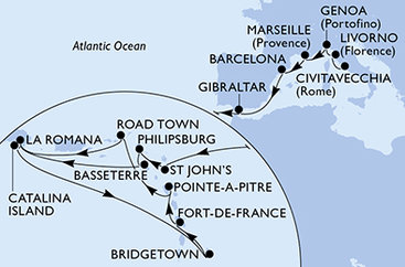Itálie, Francie, Španělsko, Velká Británie, Antigua a Barbuda, Svatý Martin, Svatý Kryštof a Nevis, Dominikánská republika, Barbados, Martinik, Guadeloupe, Britské Panenské ostrovy z Civitavecchia na lodi MSC Opera
