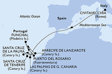 Itálie, Španělsko, Madeira z Civitavecchia na lodi MSC Fantasia