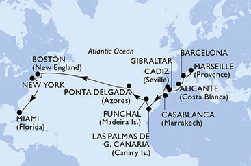 Francie, Španělsko, Velká Británie, Maroko, Madeira, Portugalsko, USA z Marseille na lodi MSC Meraviglia