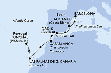 Španělsko, Velká Británie, Maroko, Portugalsko z Barcelony na lodi MSC Meraviglia