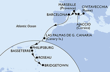 Itálie, Francie, Španělsko, Svatý Martin, Svatý Kryštof a Nevis, Dominika, Barbados z Civitavecchia na lodi MSC Seaview