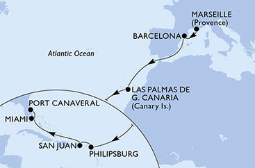 Francie, Španělsko, Svatý Martin, USA z Marseille na lodi MSC Grandiosa