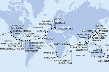Itálie, Francie, Španělsko, Portugalsko, Barbados, Grenada, Curacao, Kolumbie, Kostarika, Panama, Guatemala, Mexiko, USA, Americká Samoa, Samoa, Fidži, Nový Zéland, Austrálie, Filipíny, Tchaj-wan, Japonsko, Jižní Korea, Čína, Vietnam, Singapur, Malajsie, Seychely, Mauricius, Reunion, Jihoafrická republika, Namibie, Kapverdy z Janova na lodi MSC Magnifica