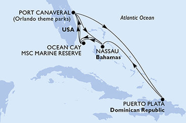 USA, Dominikánská republika, Bahamy z Port Canaveralu na lodi MSC Seashore