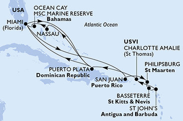 USA, Svatý Martin, Svatý Kryštof a Nevis, Antigua a Barbuda, Dominikánská republika, Bahamy z Miami na lodi MSC Divina