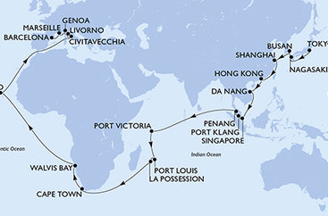 Japonsko, Jižní Korea, Čína, Vietnam, Singapur, Malajsie, Seychely, Mauricius, Reunion, Jihoafrická republika, Namibie, Kapverdy, Itálie, Francie, Španělsko z Tokia na lodi MSC Magnifica