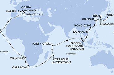 Japonsko, Jižní Korea, Čína, Vietnam, Singapur, Malajsie, Seychely, Mauricius, Reunion, Jihoafrická republika, Namibie, Kapverdy, Itálie, Francie z Tokia na lodi MSC Magnifica