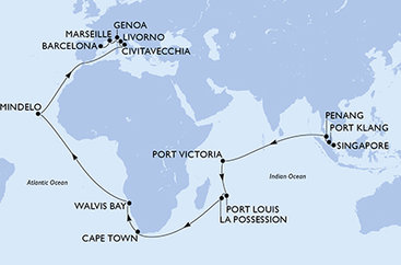 Singapur, Malajsie, Seychely, Mauricius, Reunion, Jihoafrická republika, Namibie, Kapverdy, Itálie, Francie, Španělsko ze Singapuru na lodi MSC Magnifica