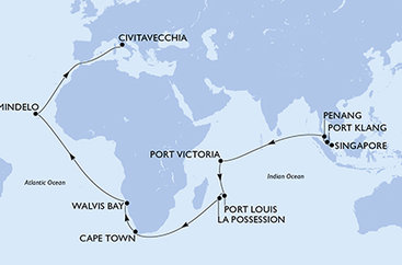 Singapur, Malajsie, Seychely, Mauricius, Reunion, Jihoafrická republika, Namibie, Kapverdy, Itálie ze Singapuru na lodi MSC Magnifica