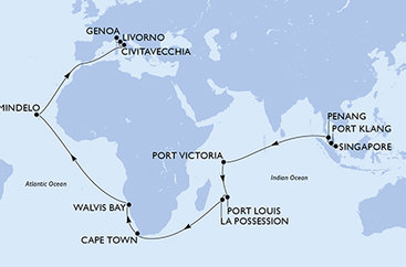 Singapur, Malajsie, Seychely, Mauricius, Reunion, Jihoafrická republika, Namibie, Kapverdy, Itálie ze Singapuru na lodi MSC Magnifica