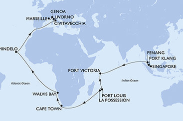 Singapur, Malajsie, Seychely, Mauricius, Reunion, Jihoafrická republika, Namibie, Kapverdy, Itálie, Francie ze Singapuru na lodi MSC Magnifica