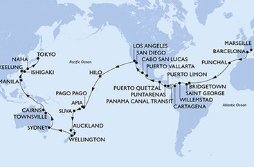 Francie, Španělsko, Portugalsko, Barbados, Grenada, Curacao, Kolumbie, Kostarika, Panama, Guatemala, Mexiko, USA, Americká Samoa, Samoa, Fidži, Nový Zéland, Austrálie, Filipíny, Tchaj-wan, Japonsko z Marseille na lodi MSC Magnifica