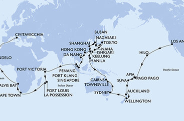 USA, Americká Samoa, Samoa, Fidži, Nový Zéland, Austrálie, Filipíny, Tchaj-wan, Japonsko, Jižní Korea, Čína, Vietnam, Singapur, Malajsie, Seychely, Mauricius, Reunion, Jihoafrická republika, Namibie, Kapverdy, Itálie na lodi MSC Magnifica