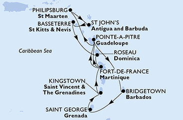 Barbados, Grenada, Svatý Vincenc a Grenadiny, Martinik, Guadeloupe, Svatý Martin, Antigua a Barbuda, Svatý Kryštof a Nevis, Dominika z Bridgetownu na lodi MSC Seaview